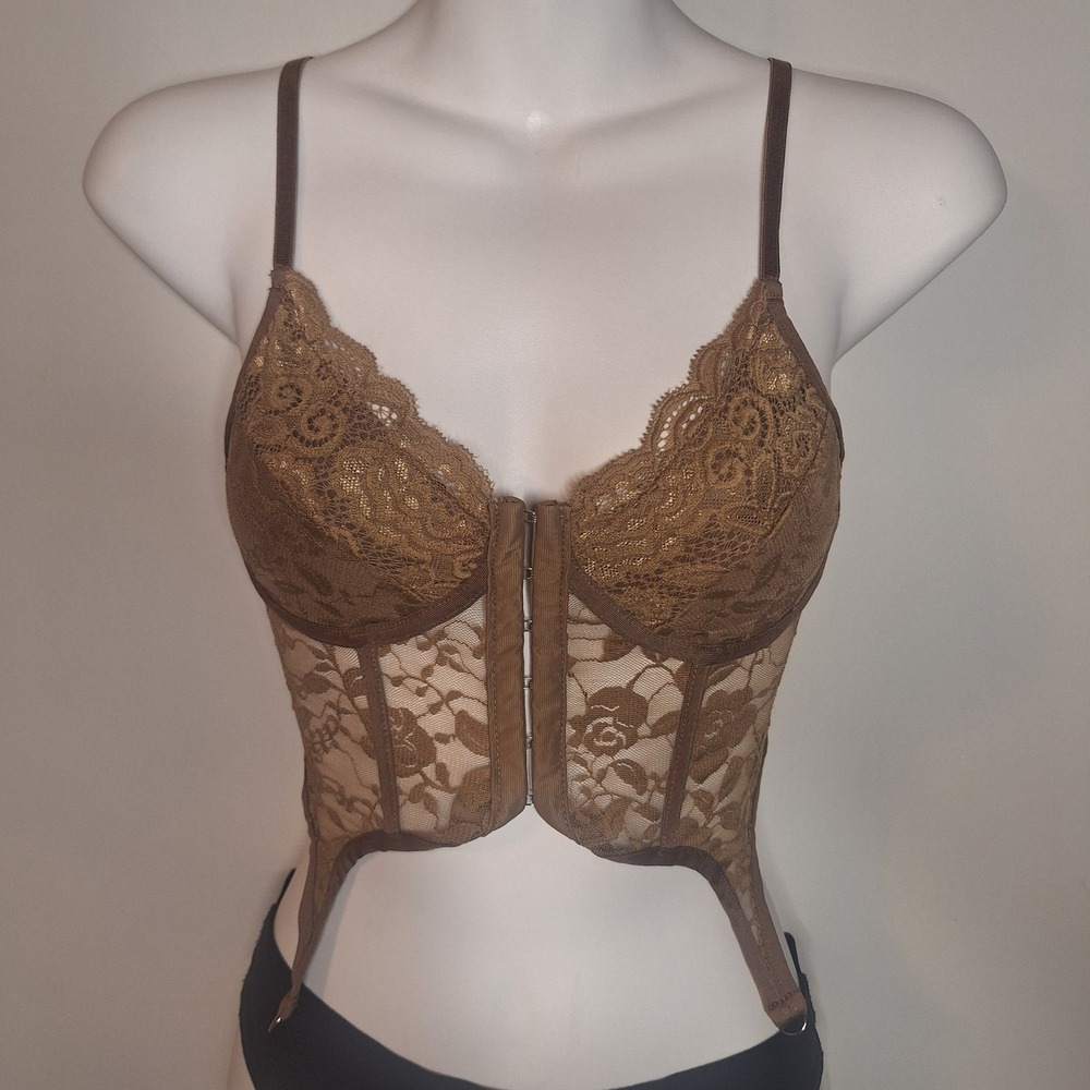D&M Brown Floral Lace Corset Strappy Back Hook Eye Front Crop Top Size Small